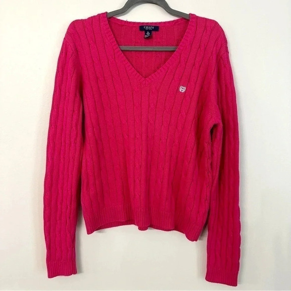 Chaps Cable Knit Hot Pink Long Sleeve V-Neck Sweater Size Large GUC - Picture 2 of 8